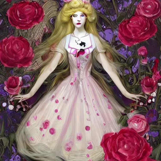 Image similar to Alice in Wonderland at the tea party, she looks like a mix of grimes, Aurora Aksnes and Zendaya, childlike, billowing elaborate hair and dress, strings of pearls, surrounded by red and white roses, digital illustration, inspired by a stylistic blend of Aeon Flux, Japanese shoujo manga, and John singer Sargent paintings, hyper detailed, dreamlike, incredibly ethereal, super photorealistic, iridescent, dichroic prism, speckled, marbling effect, tulle and lace, extremely fine inking lines