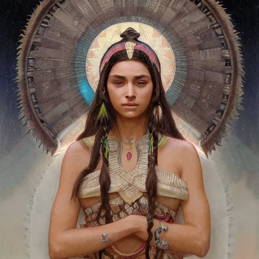 Image similar to portrait of an aztec rain goddess, with white skin, glowing eyes, intricate, elegant, highly detailed, digital painting, artstation, concept art, smooth, sharp focus, illustration, art by artgerm and greg rutkowski and alphonse mucha and william - adolphe bouguereau