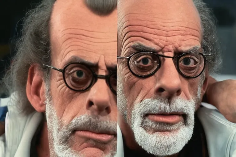 Image similar to christopher lloyd dressed as kramer in seinfeld, screencap, up close portrait of christopher lloyd's face, Kramer wig, 4k image