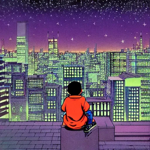 Image similar to a kid in a big city, sits on rooftop, watches a beautiful night full of stars and tech buildings, by satoshi kon and basil gogos