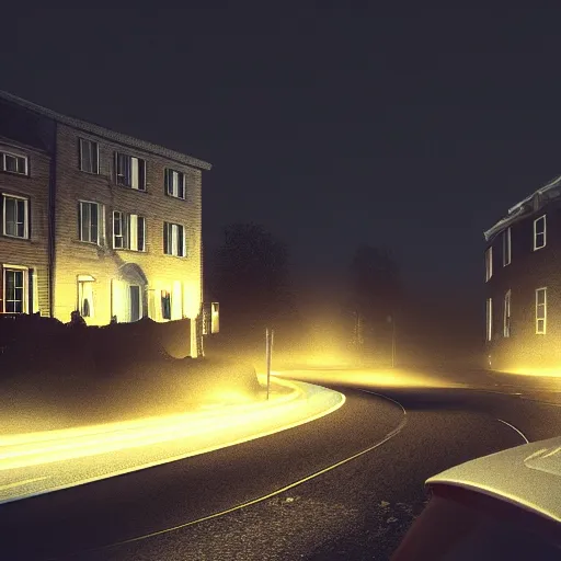 Prompt: dark night, lights, swedish houses, cars driving, realistic, cinematic, raytracing, intense detail, artstation