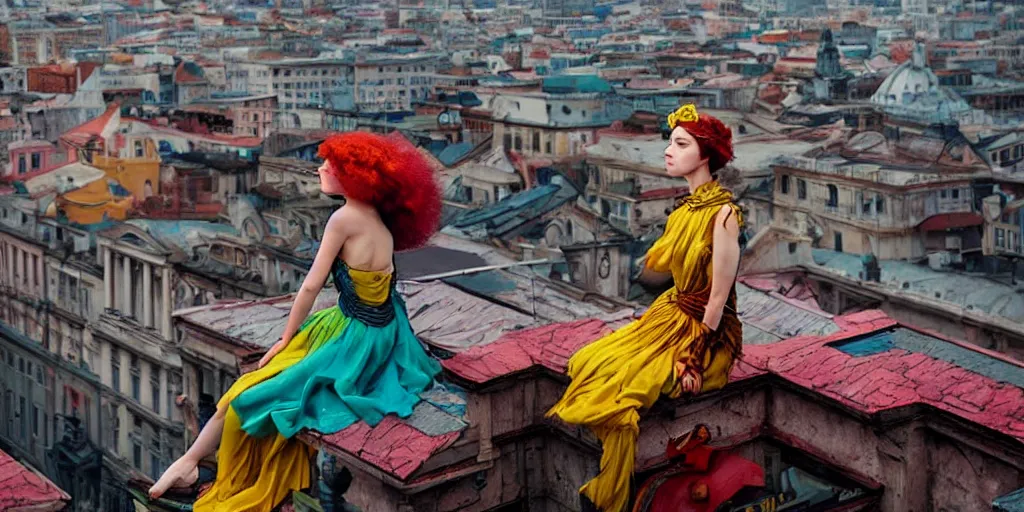 Prompt: movie portrait closeup a beautiful colorful fashion icon woman is sitting on the top of a roof. beautiful natural skin, the amazing floating neoclassical city, fantasy, steampunk, intricate, amazing composition, gloomy by emmanuel lubezki