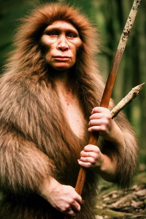 Image similar to a professional portrait photo of a neanderthal woman in the forest in winter holding a spear, dirt on face, black stripe painted side to side across her eyes, ginger hair and fur, extremely high fidelity, natural lighting, still from the movie clan of the cave bear