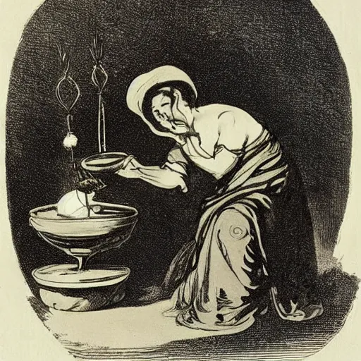 Prompt: A witch making potions in her cauldron. By Francisco de Goya.