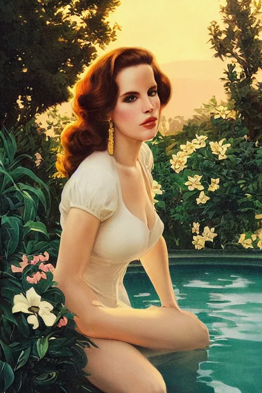 Prompt: Lana Del Rey next to a pool, golden hour, in a garden, artstation, by J. C. Leyendecker and Peter Paul Rubens,