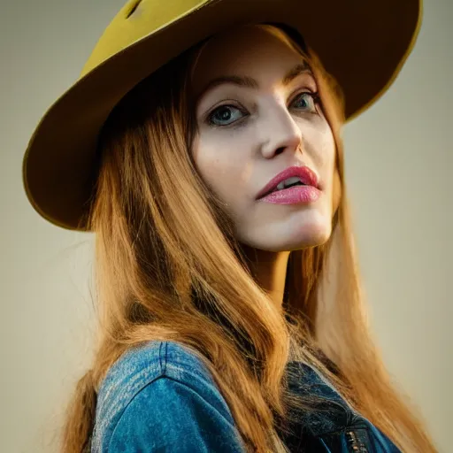 Image similar to portrait of 2 3 - year - old woman with angle lost profile looking away, happy women, cinematic colors, medium yellow blond hair, brown hat, hair comes out of the hat a little, caracter look like angelina jolie