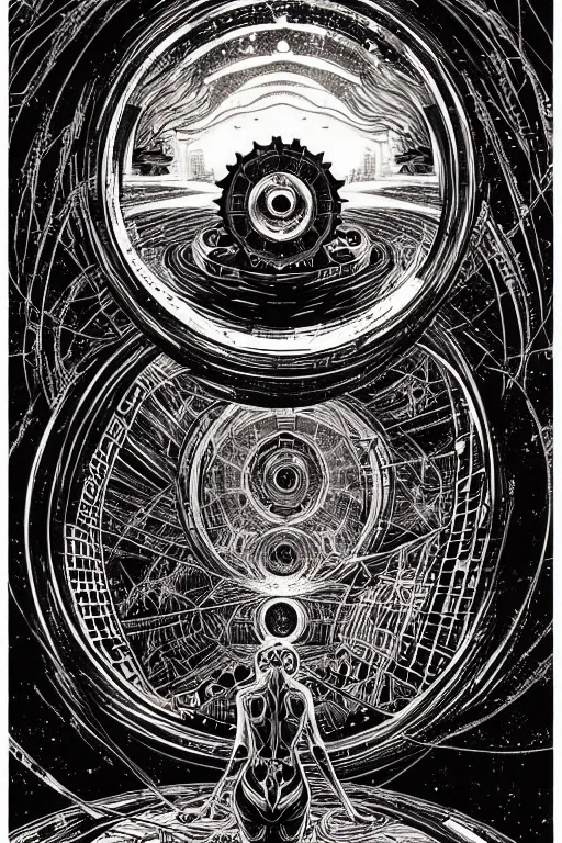Image similar to dreamy portal in the center of the lake, abstract black oil, gear mecha, beautiful woman body, detailed acrylic, grunge, intricate complexity, by dan mumford and by alberto giacometti, m. c. escher