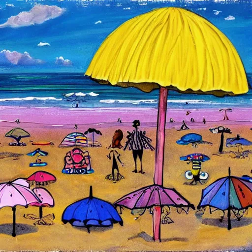 Image similar to a busy summer beach by tim burton