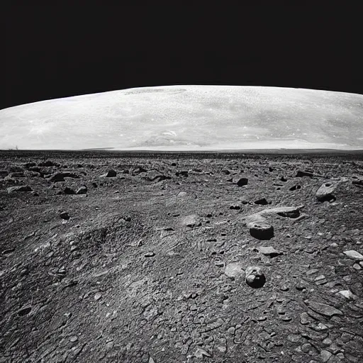 Image similar to “ lunar landscape, earth in distance photograph in high quality black and white lens 2 8 mm looking to horizon ”