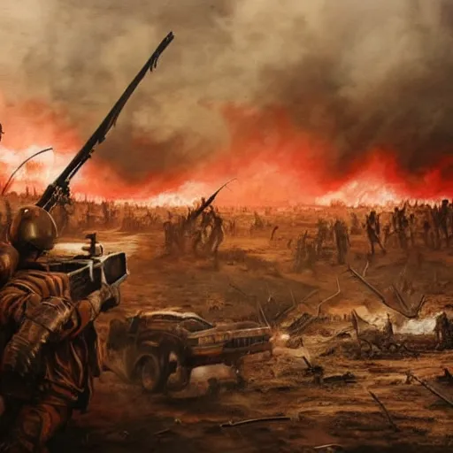 Image similar to hyper realism, realistic apocalyptic war scene, brown and red tones