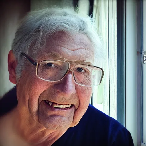 Prompt: Headshot grandpa flickr instagram model render realistic standing outside window