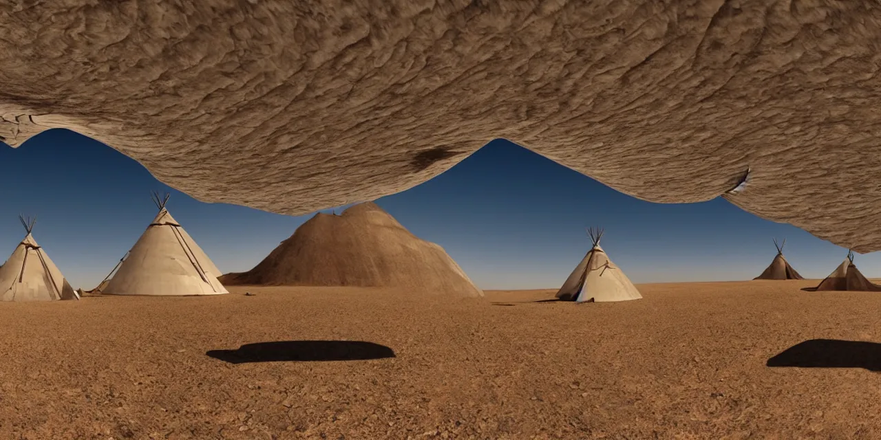 Image similar to equirectangular projection of a western desert meets science fiction movie scene, alien landscape, flying saucer and a native american teepee 8 k