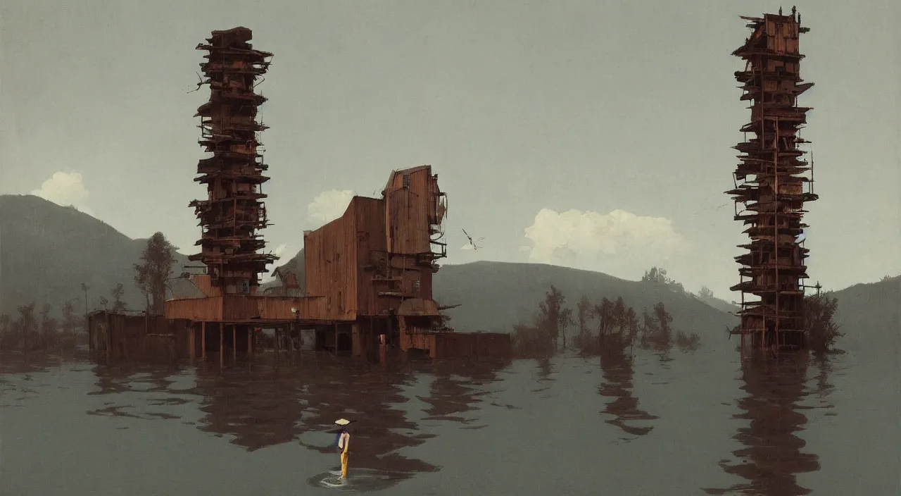 Prompt: single flooded simple crooked wooden tower, very coherent and colorful high contrast!! masterpiece by rene magritte simon stalenhag carl spitzweg syd mead norman rockwell edward hopper james gilleard, minimalist, dark shadows, sunny day, hard lighting
