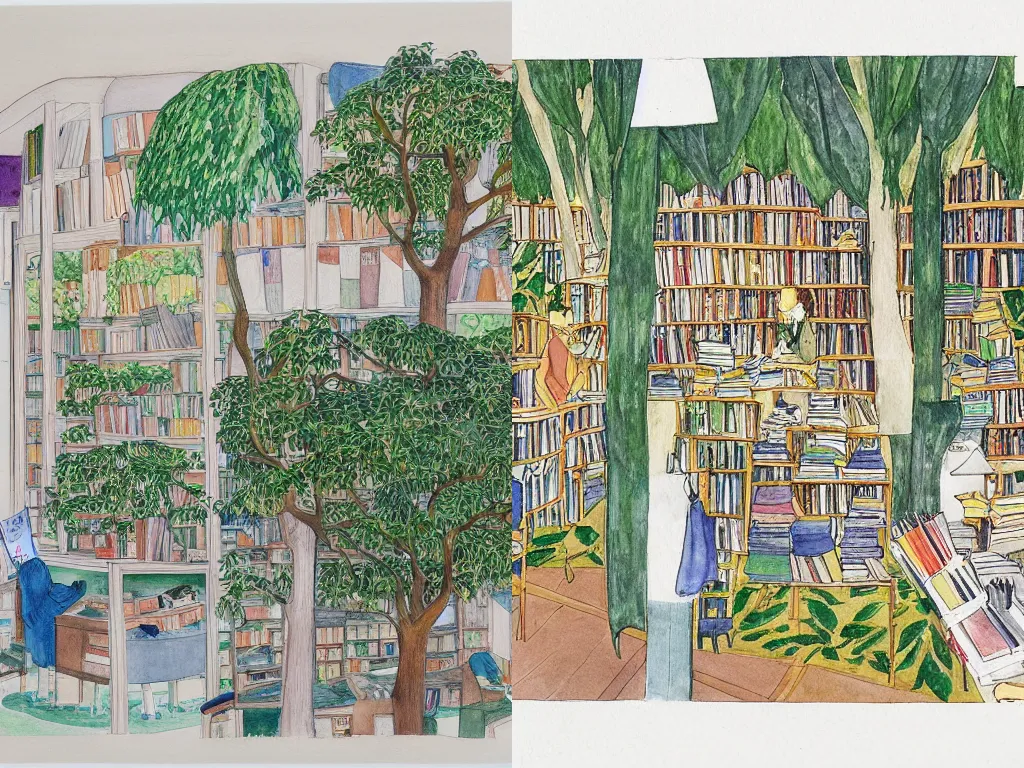 Prompt: pen and watercolor drawing of bookstore filled with massive trees and various plants by Charlotte Salomon, by Studio Ghibli, by Seiichi Hayashi, cinematic lighting, a masterpiece