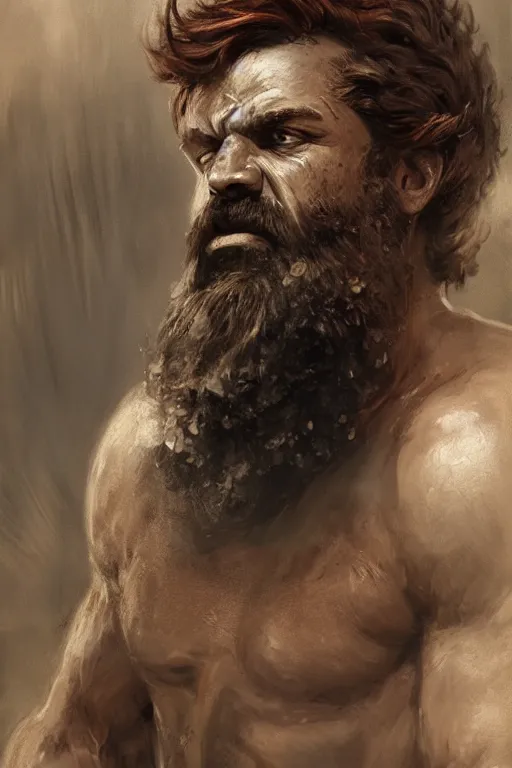 Prompt: portrait of rugged hephaestus, god of forge, greek god, red hair, masculine, mature, handsome, upper body, muscular, hairy chest, blacksmith apron, fantasy, intricate, elegant, highly detailed, digital painting, artstation, concept art, smooth, sharp focus, illustration, art by gaston bussiere and greg rutkowski