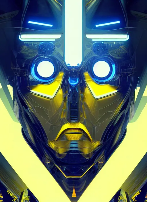 Image similar to symmetry!! portrait of a man, sci - fi, tech wear, blue and yellow glowing lights!! intricate, elegant, highly detailed, digital painting, artstation, concept art, smooth, sharp focus, illustration, art by artgerm and greg rutkowski and alphonse mucha