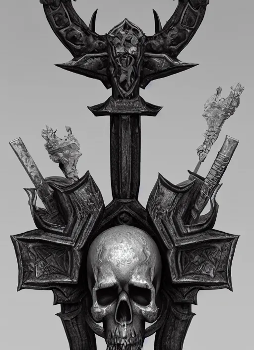 Prompt: a black great sword mini skull crest, orthographic, ornament, weapon, a 3 d render by dom qwek, front side, concept art, trending on polycount, artstation, hard surface modeling, rendered in maya, zbrush, blender, hd, vray, berserk, symmetry