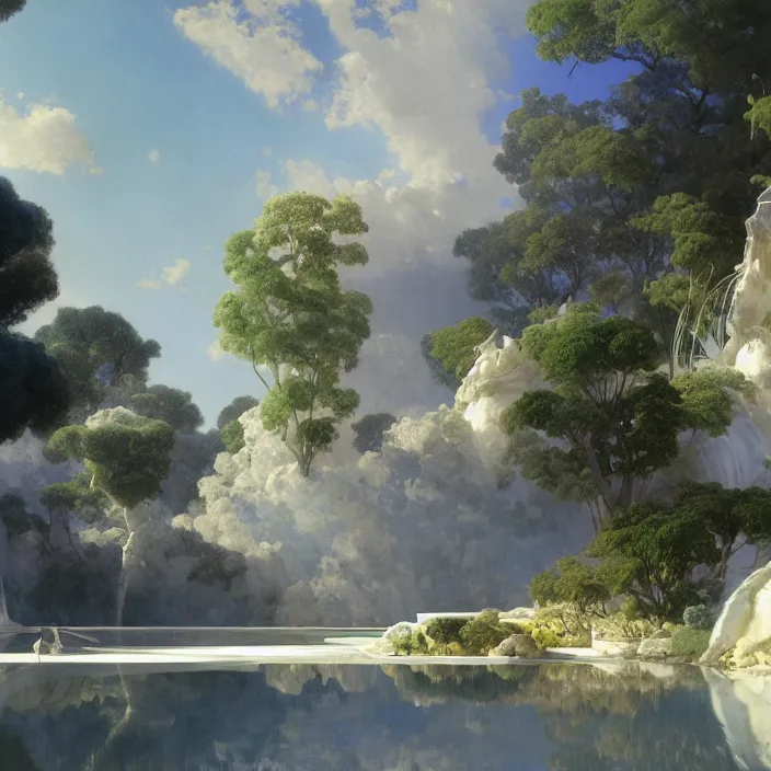 Prompt: gardens of marble draped in flowing sheets of cobalt blue satin and silver satin, by syd mead and ivan aivazovsky and alma tadema and pieter claesz and moebius and roger dean and august malmstrom, hyperrealistic, volumetric light, octane render