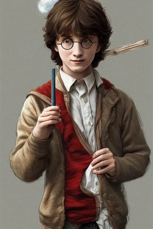 Image similar to beautiful cottagecore young harry potter holding a magicwand. intricate, elegant. highly detailed, digital painting, artstation, concept art, smooth, sharp, focus, illustration. . art by artgerm and greg rutkowski and alphonse mucha