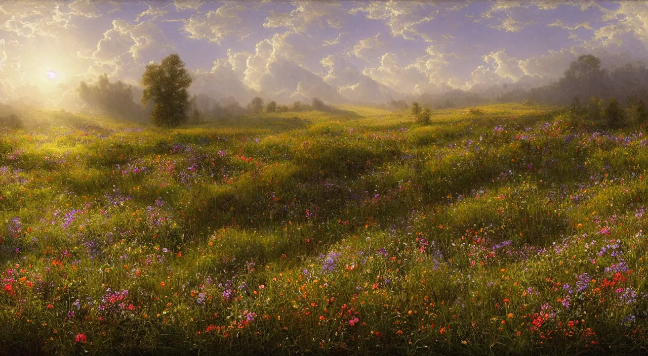 Image similar to rhythmic interval tectonic surfaces as resonant waves of harmonic organic mystical megastructure crystal lattices in a meadow full of wildflowers by albert bierstadt, by glen small, photorealistic, god rays, octane, depth of field,