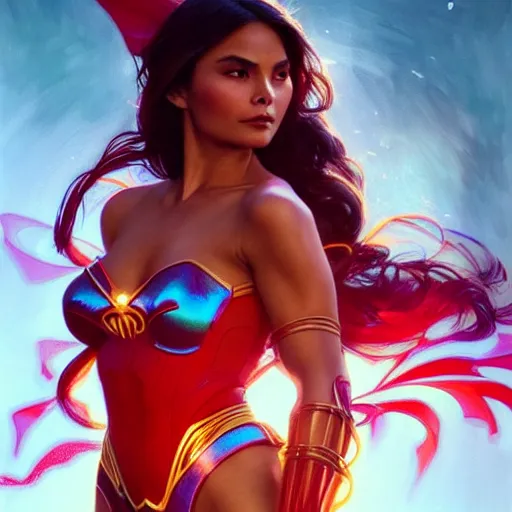 Image similar to lovi poe as darna, volumetric lights, red and cyan theme, art nouveau botanicals, intricate, highly detailed, digital painting, artstation, concept art, smooth, sharp focus, cinematic, illustration, beautiful face, art by artgerm and greg rutkowski and alphonse mucha