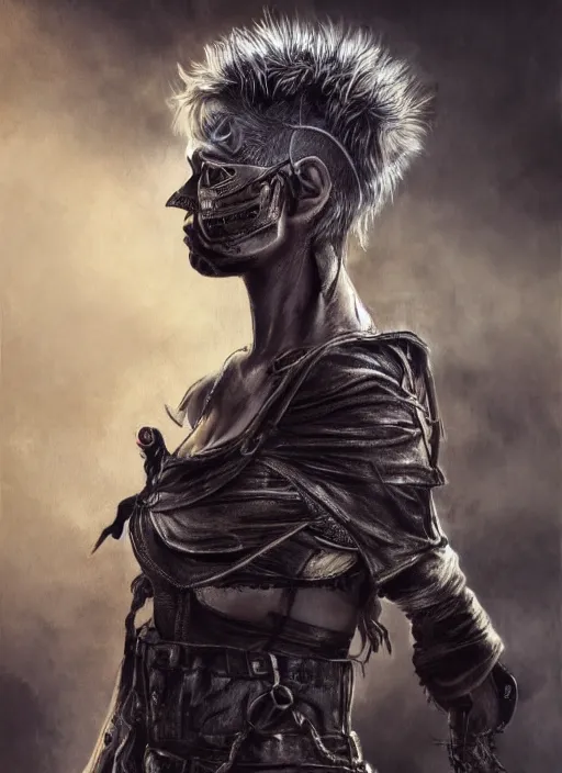 Image similar to detailed full body concept, oil painting of a mad max style female with beautiful face and eyes wearing intricate clothing, soft lighting and focus