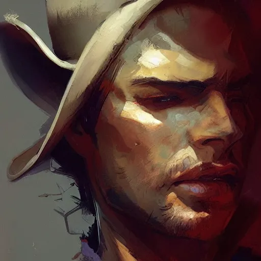 Prompt: a beautiful portrait of a cowboy by greg rutkowski and bill sienkiewicz trending on artstation