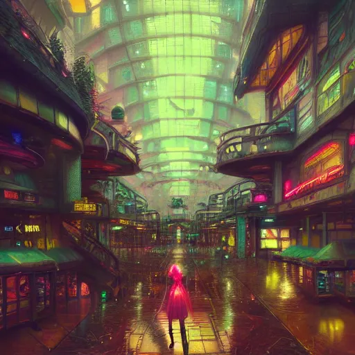 Prompt: cyberpunk fairy exploring a bustling neon vaporwave mall, concept art by thomas kinkade, greg rutkowski, and marc simonetti, trending on artstation