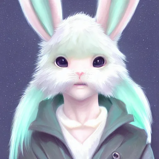 Image similar to aesthetic portrait commission of a albino male furry anthro cute bunny wearing a cute mint colored cozy soft pastel winter outfit, winter Atmosphere. Character design by charlie bowater, ross tran, artgerm, and makoto shinkai, detailed, inked, western comic book art, 2021 award winning painting