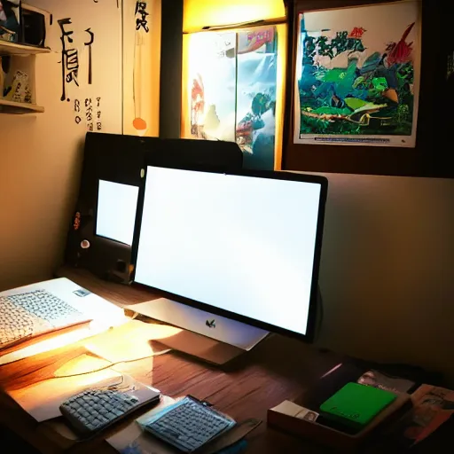 Prompt: small room in tokyo, window open, dawn, hiccup sitting at computer, green glow on monitor's face, walls covered with anime posters, lots of appliances on shelves, small bed not made, hyper realism, photo realism, hyper details, soft light, soft shadows, blurred photo