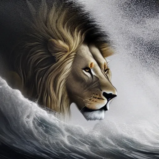 Image similar to a male lion's face breaching through a wave, stormy weather, ocean sprites, closeup of face, trending on artstation, dark lighting, face encircled by ocean wave