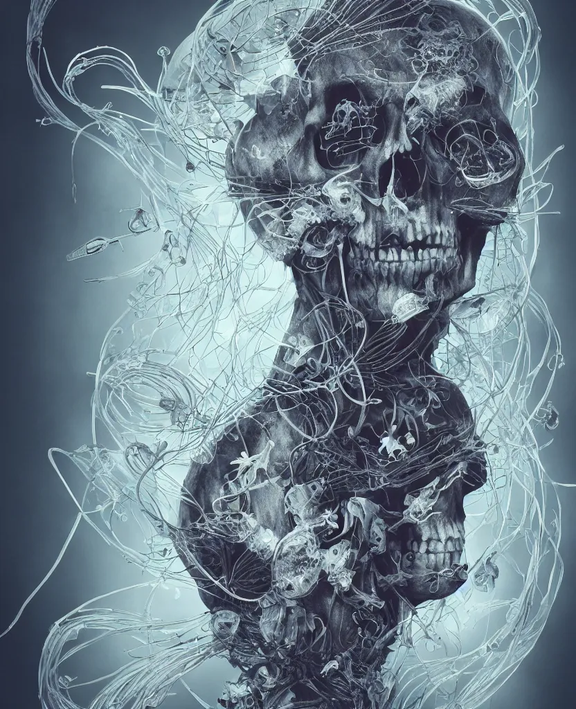 Prompt: close-up portrait goddess skull, thorax, x-ray, backbone, jellyfish phoenix head, nautilus, orchid, skull, betta fish, bioluminiscent creatures, intricate artwork by Tooth Wu and wlop and beeple. octane render, trending on artstation, greg rutkowski very coherent symmetrical artwork. cinematic, black and white, contrast, hyper realism, high detail, octane render, 8k