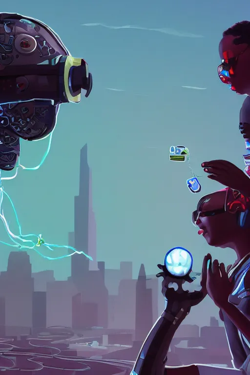 Image similar to a black kid playing with a futuristic robot in the nature, mixing solarpunk, afropunk, cyberpunk, ( ( ( ( volumetric light ) ) ) ), high angle, part by pearl fryar, part by prince damah, sunny day, trending on artstation, cinematic view, illustration, painting.