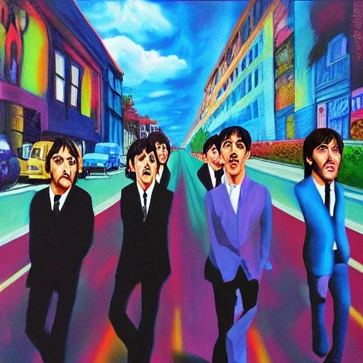 Image similar to a surreal paiting of the beatles