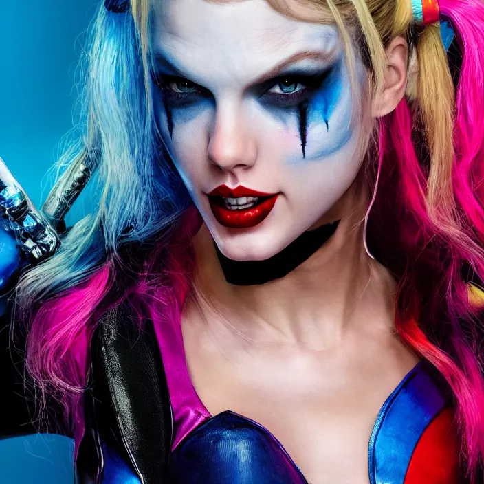 Prompt: portrait of Taylor Swift as a harley quinn in Suicide Squad. intricate abstract. intricate artwork. by Tooth Wu, wlop, beeple, dan mumford. octane render, trending on artstation, greg rutkowski very coherent symmetrical artwork. cinematic, hyper realism, high detail, octane render, 8k, iridescent accents