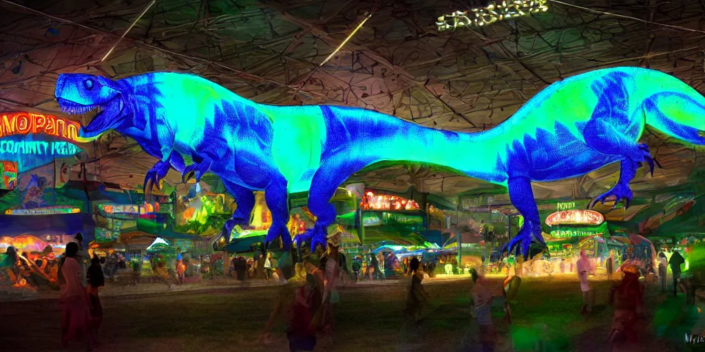 Image similar to glowing hologram dinosaur at the county fair by makoto shinkai