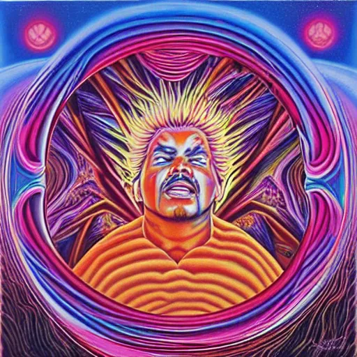 Prompt: 8 0 s new age album cover depicting a mushroom cloud in the shape of guy fieri, very peaceful mood, oil on canvas by alex grey