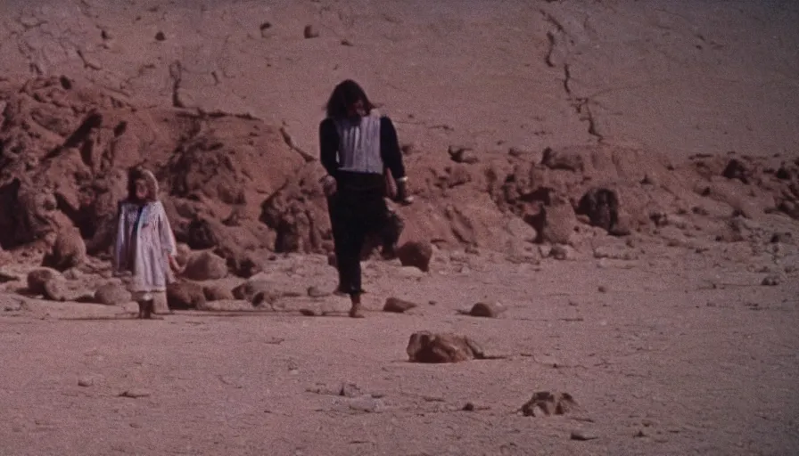 Prompt: 7 0 s film still from a horror movie about unsettling and uncomfortable people in the desert, kodachrome, cinecolor, cinestill, film grain, film texture, retro, cinematic, high resolution, photorealism,
