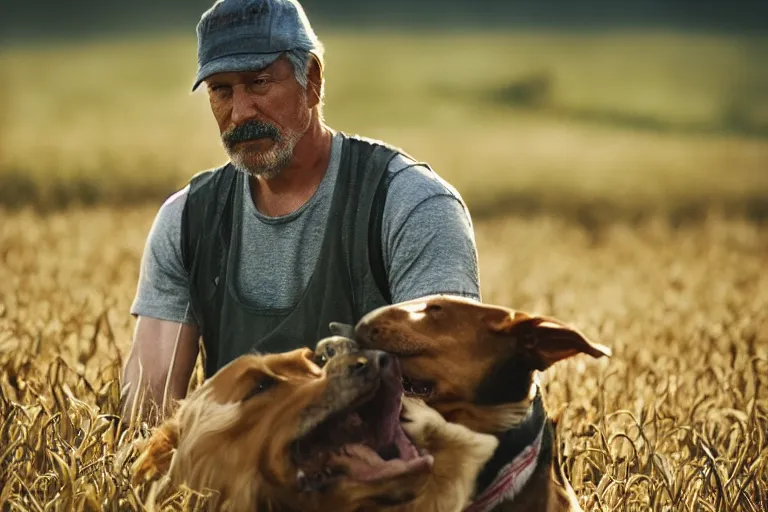 Prompt: a cinematic headshot portrait of a farmer and his dog, working out in the field, movie still, shallow depth of field, muted colors, by krenz cushart