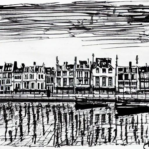 Image similar to an Ink drawing of Amiens, Northern France, waterfront houses, high contrast, black and white