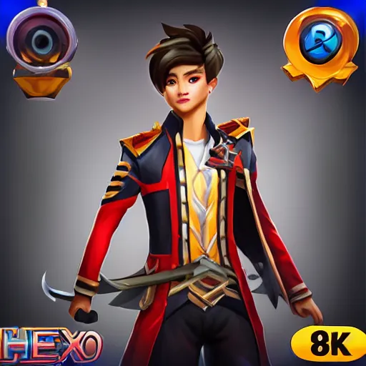 Image similar to a member of the band exo as a mobile legends hero, 8 k, high definition, extremely detailed, full body,