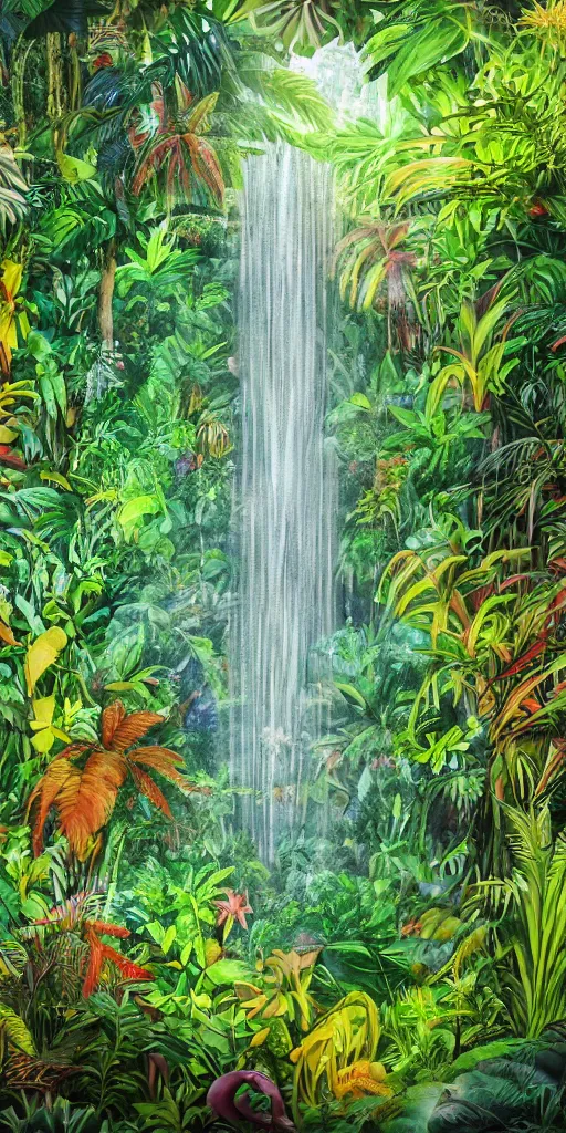 Prompt: a glass terrarium containing a jungle full of exotic plant life, colorful tropical plants, natural botanical gardens, vines along the jungle floor, in the distance is waterfall, all is contained inside a very large terrarium, acrylic painting by nick garbutt, artstation, concept art, award winning,