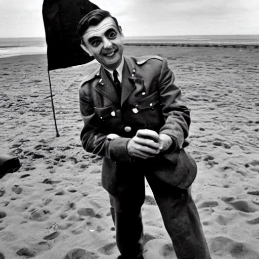 Prompt: Mr. Bean taking selfie on Omaha beach in WW2