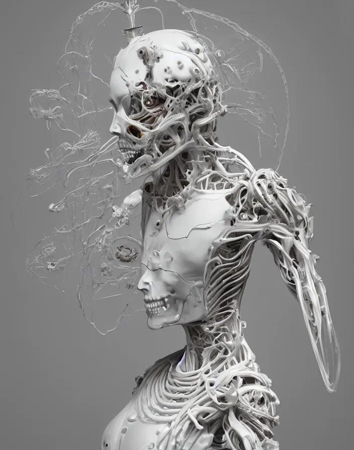 Prompt: biomechanical dressin the form of a wax liquid sculpture. beautiful woman wearing a helmet. white plastic. baroque elements, human skull, jellyfish, butterfly, phoenix head. burning wax, swollen muscles, tumors, veins, tendons, wires. intricate drawings of caravaggio. halo. octane rendering, cinematic, hyperrealism, octane rendering, 8k, depth of field, bokeh. iridescent accents. vibrant. teal gold and red color scheme