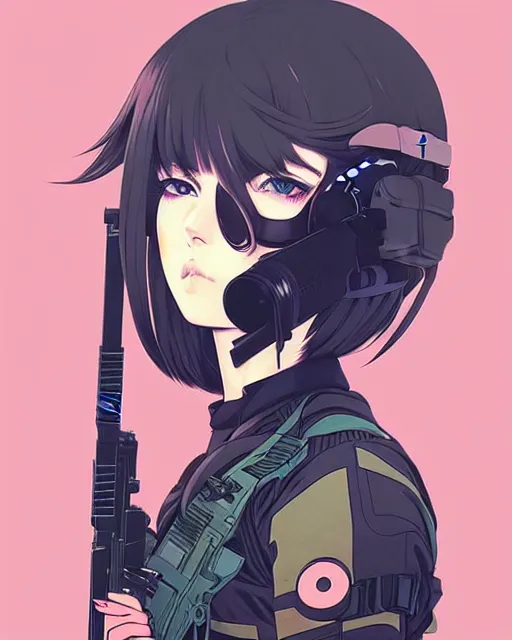 Image similar to girl with tactical gear, very anime!!! anime!! intricate details, aesthetically pleasing pastel colors, poster background, aesthetic details, art by conrad roset and ilya kuvshinov