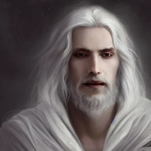Image similar to white haired robe fu xi full male body portrait, sit upright on the ground, very long white beard and hair, long hair shawl, fine kindness delicate prefect face features gaze, piercing eye, elegant, style of tom bagshaw, cedric peyravernay, peter mohrbacher, victo nga, 4 k hd illustrative wallpaper, animation style, chinese style