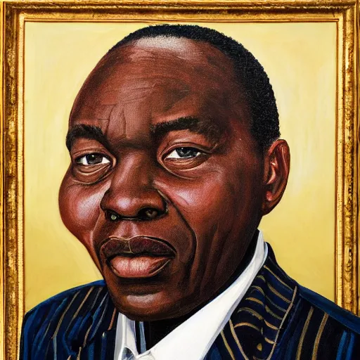 Image similar to a painting of a wide forehead, round face, XXL , smirky, fatherly, loving, caring, generous, ever-present, humble, wise elder from Kenya in a suit by Kehinde Wiley . Fatherly/daddy, focused, loving, leader, relaxed,. ethereal lights, details, smooth, sharp focus, illustration, realistic, cinematic, artstation, award winning, rgb , unreal engine, octane render, cinematic light, macro, depth of field, blur, red light and clouds from the back, highly detailed epic cinematic concept art CG render made in Maya, Blender and Photoshop, octane render, excellent composition, dynamic dramatic cinematic lighting, aesthetic, very inspirational, arthouse.