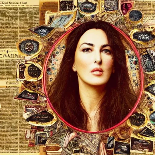 Prompt: a beautiful!!! portrait of Monica Bellucci, collage art of pages from alchemical grimoires, 8K, highly detailed, cryptic and mysterious, hypermaximalist, photorealistic