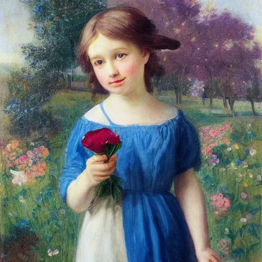 Prompt: A beautiful girl holding flowers in her hand, Anderson, Sophie