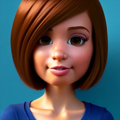 Image similar to A portrait of a woman, a cute 3d cgi toon woman with brown hair in a Bob, brown eyes, full face, olive skin, romanian heritage, medium shot, mid-shot, hyperdetailed, 8k, trending on artstation, as a Pixar character